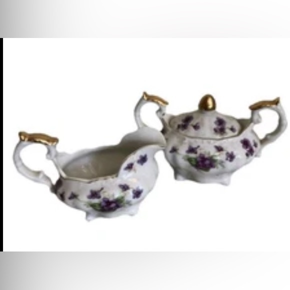 Vintage LEFTON CHINA Creamer & Sugar Bowl Hand Painted Violets Gold Trim
